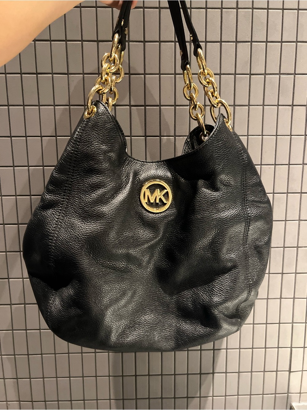 Michael Kors Black Leather Shoulder Hobo with Gold Hardware